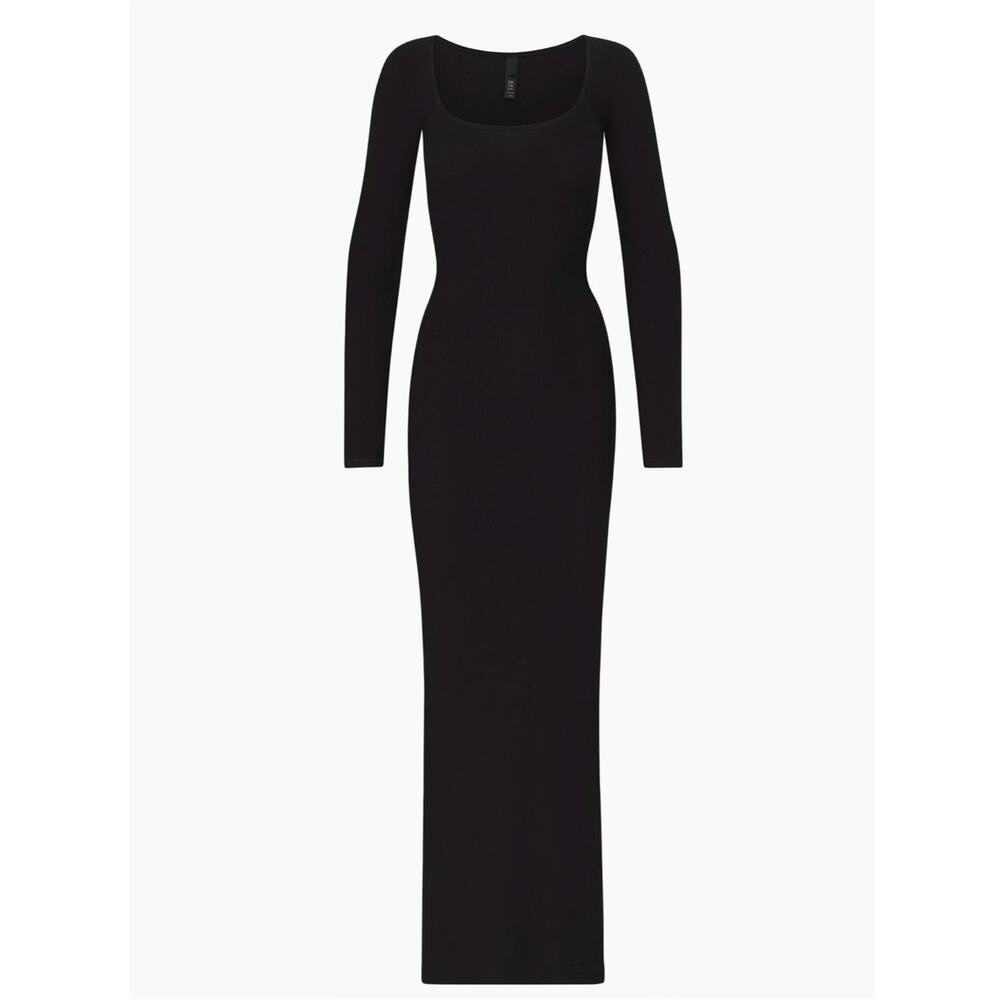 NWT SKIMS Black Soft Lounge Long-Sleeve Square Neck Bodycon Maxi Dress. Size M. - Picture 2 of 9
